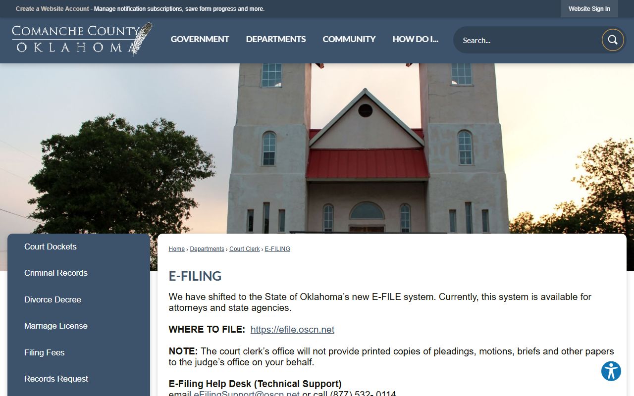 Comanche County Court Clerk e-filing page for Oklahoma District Court electronic court records
