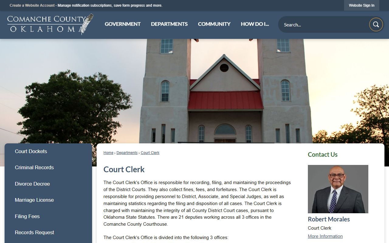 Comanche County Court Clerk page with office divisions and District Court records contact block