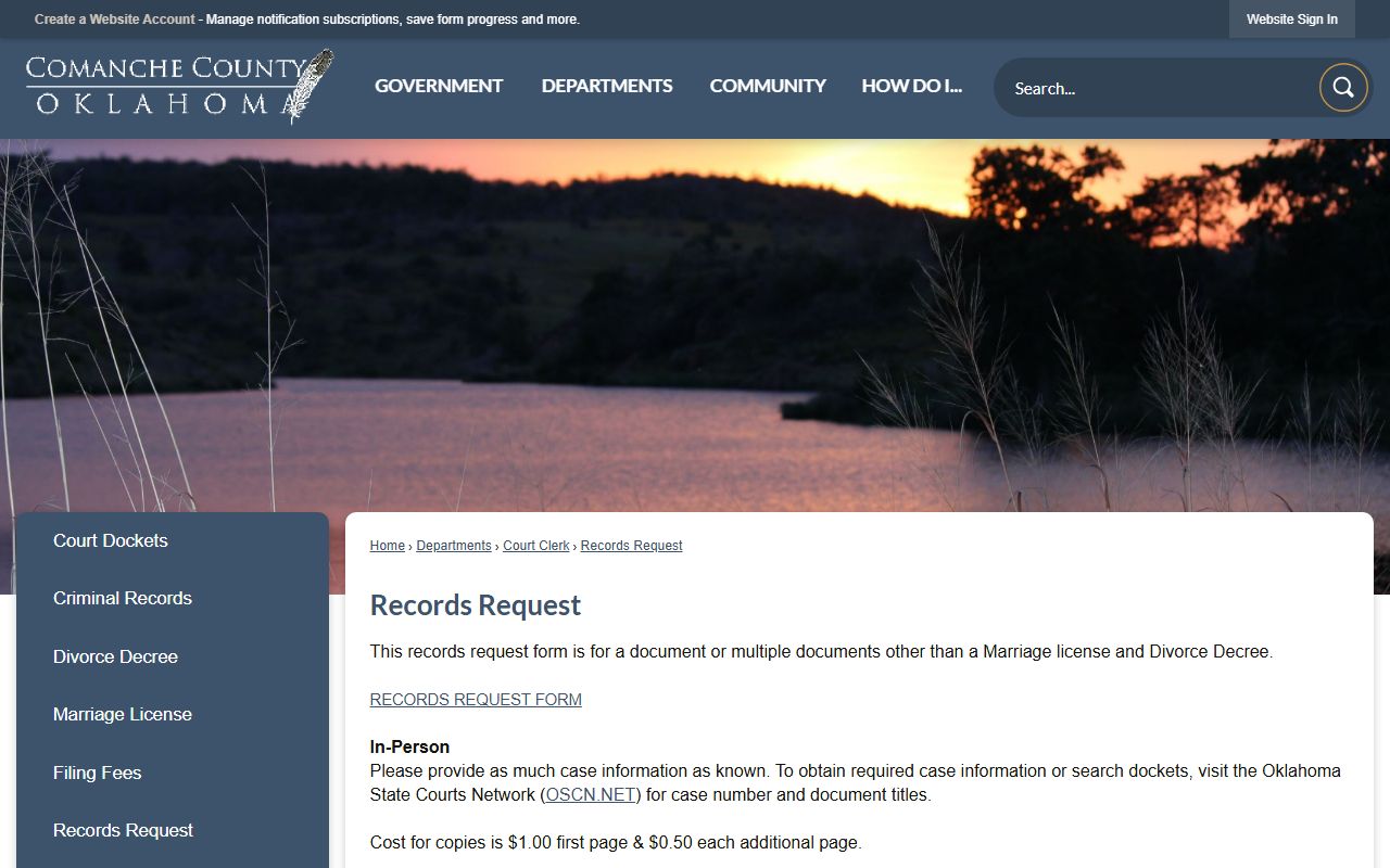 Comanche County Court Clerk records request page for District Court court records copies