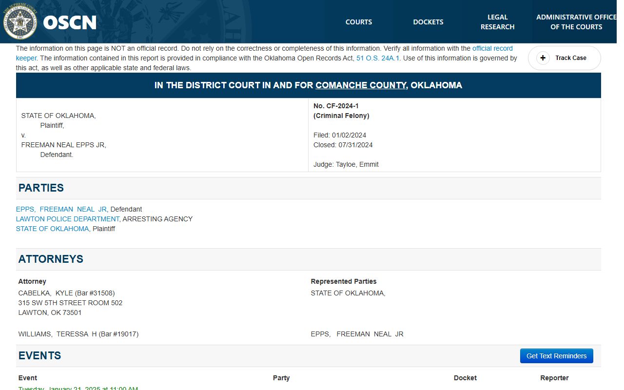 Comanche County court docket sample criminal case CF-2024-1 on OSCN
