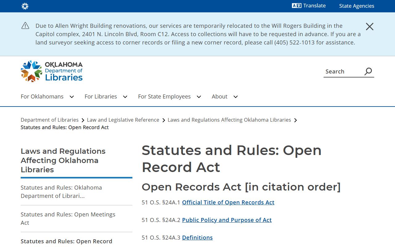 Oklahoma Open Records Act page governing Comanche County court records access