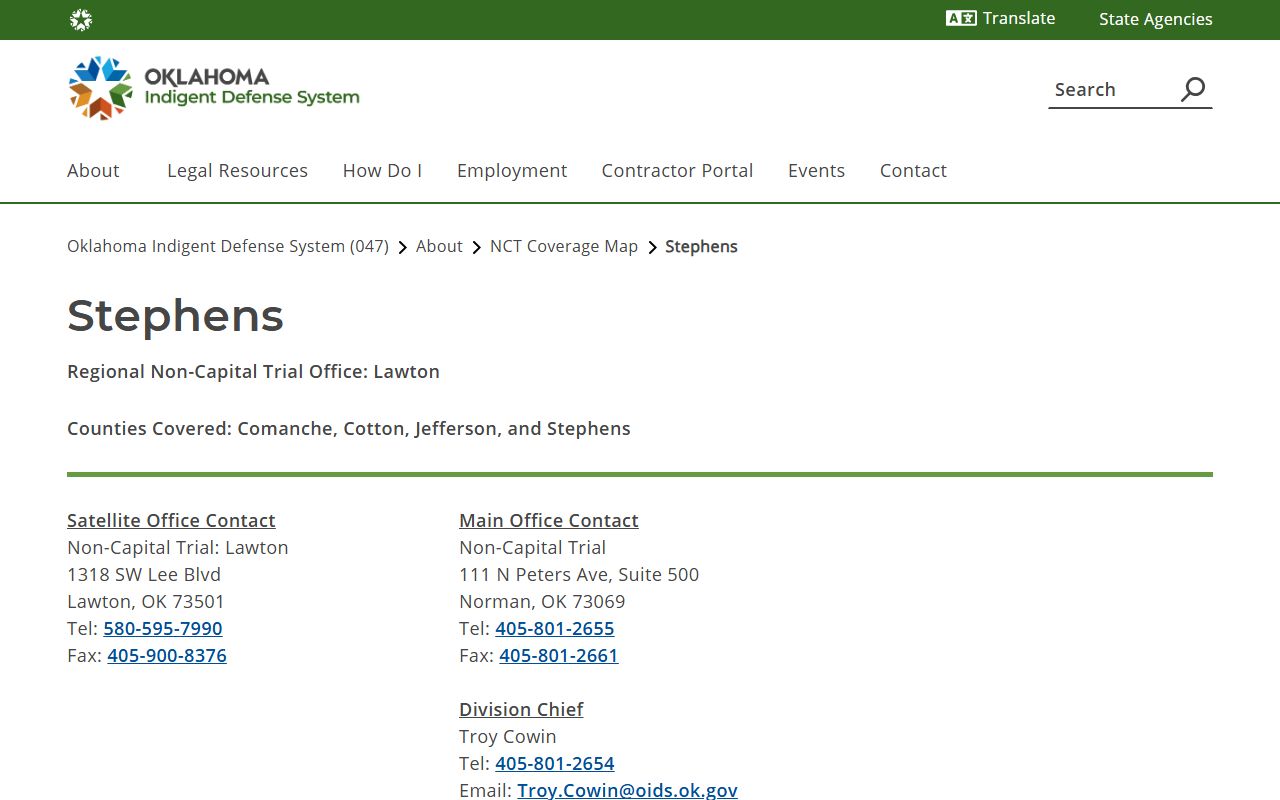 Oklahoma Indigent Defense System Lawton office serving Comanche County criminal court records cases
