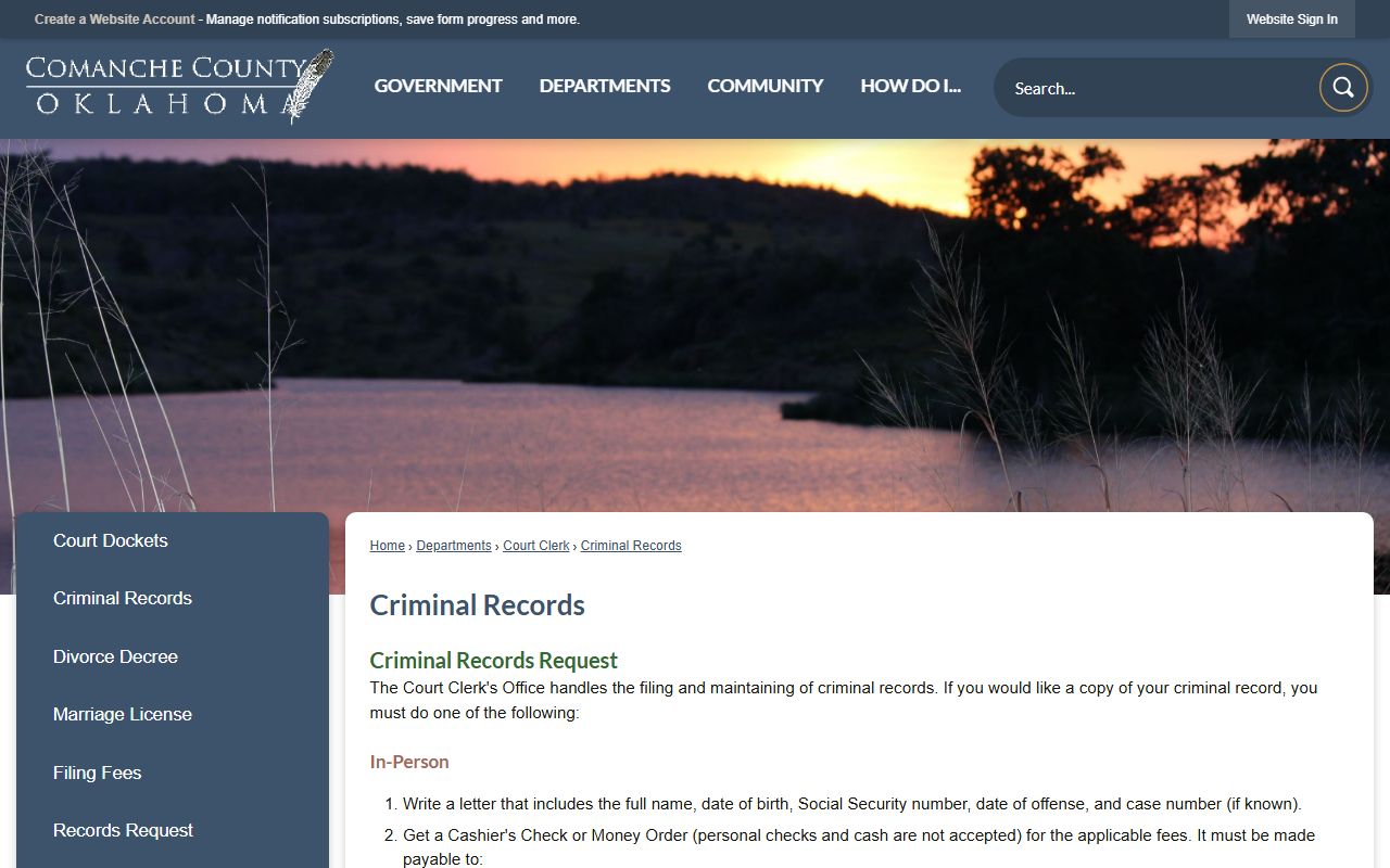 Comanche County criminal court records request instructions from the Court Clerk