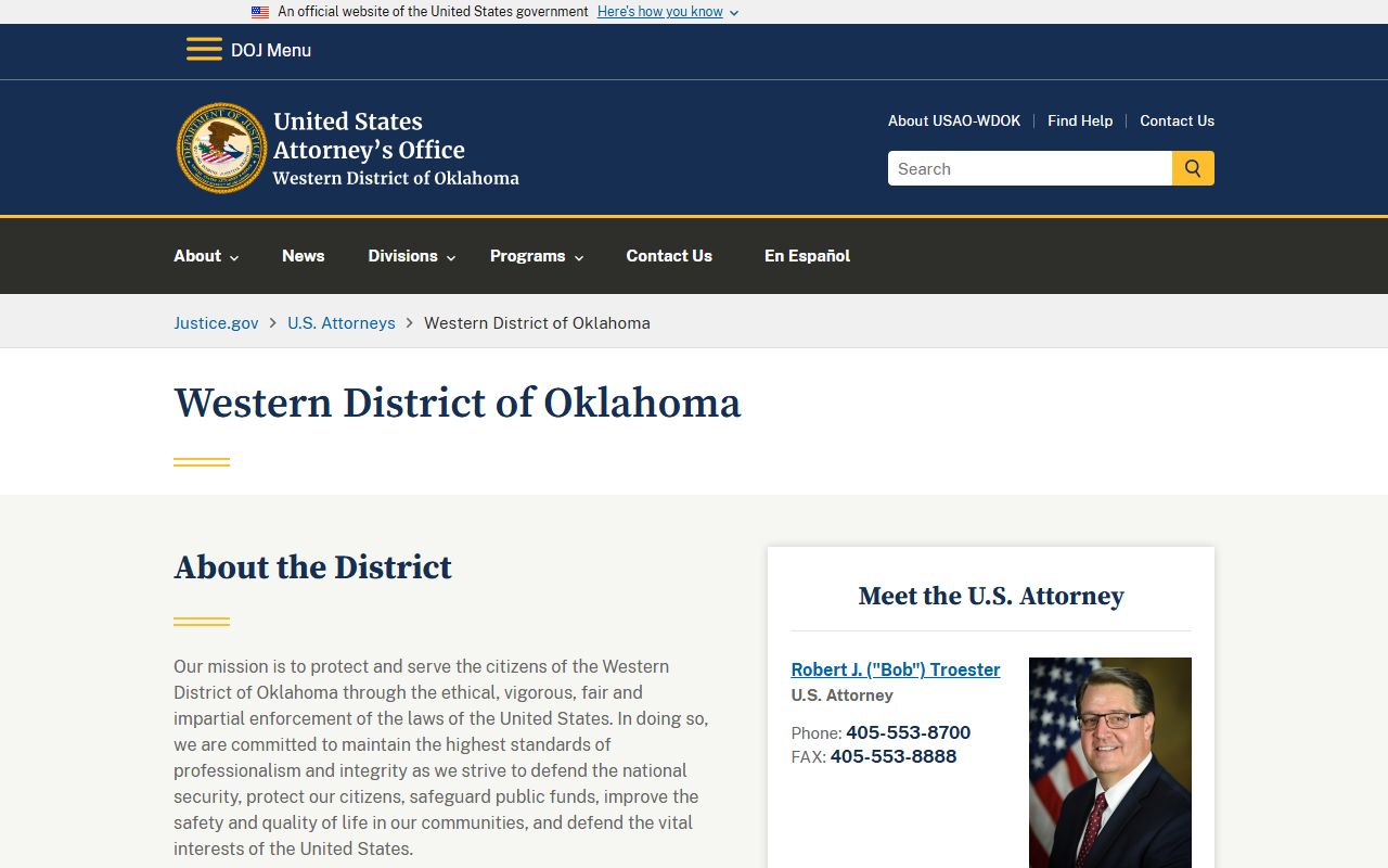 U.S. Attorney Western District of Oklahoma page for federal criminal records near Comanche County