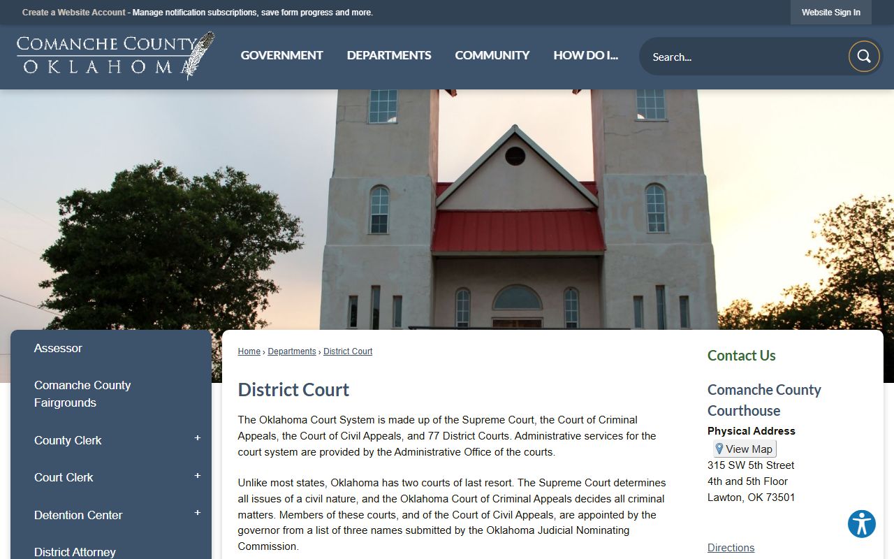 Comanche County District Court page showing Oklahoma court structure and District 5