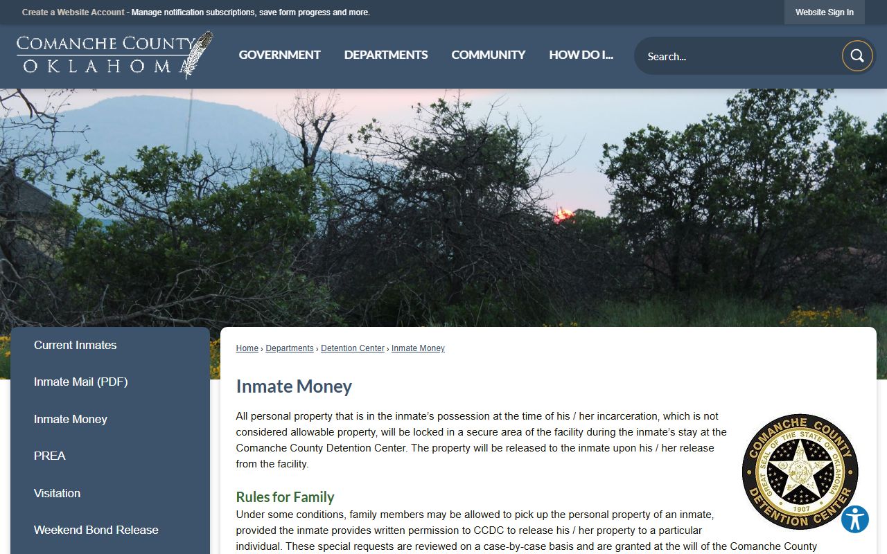 Comanche County jail inmate money, property, and commissary deposit page
