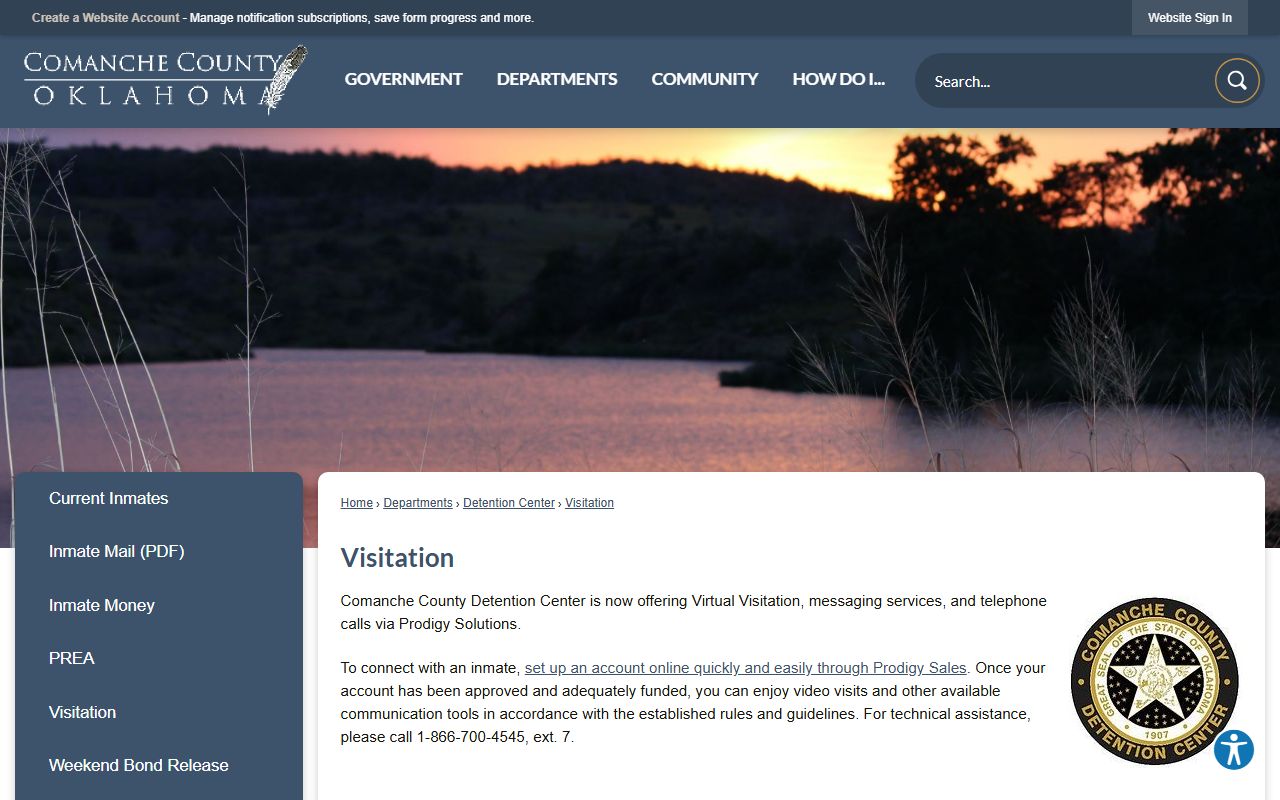 Comanche County jail inmate visitation page using Prodigy Solutions
