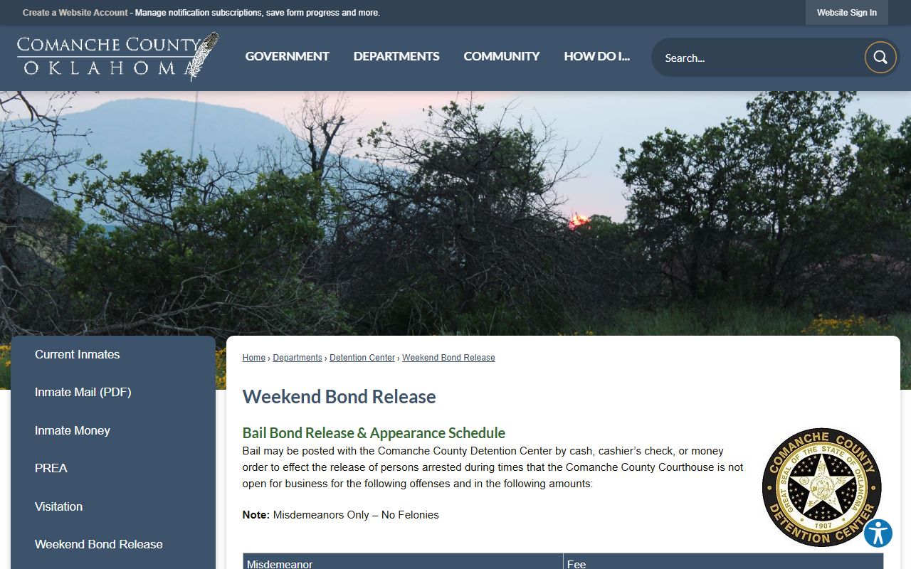 Comanche County jail weekend bond release schedule for inmate misdemeanor charges