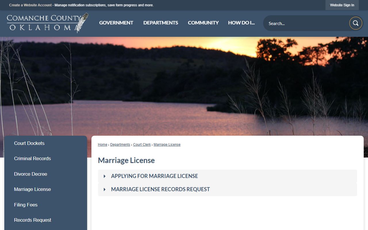 Comanche County marriage records license application instructions from the Court Clerk