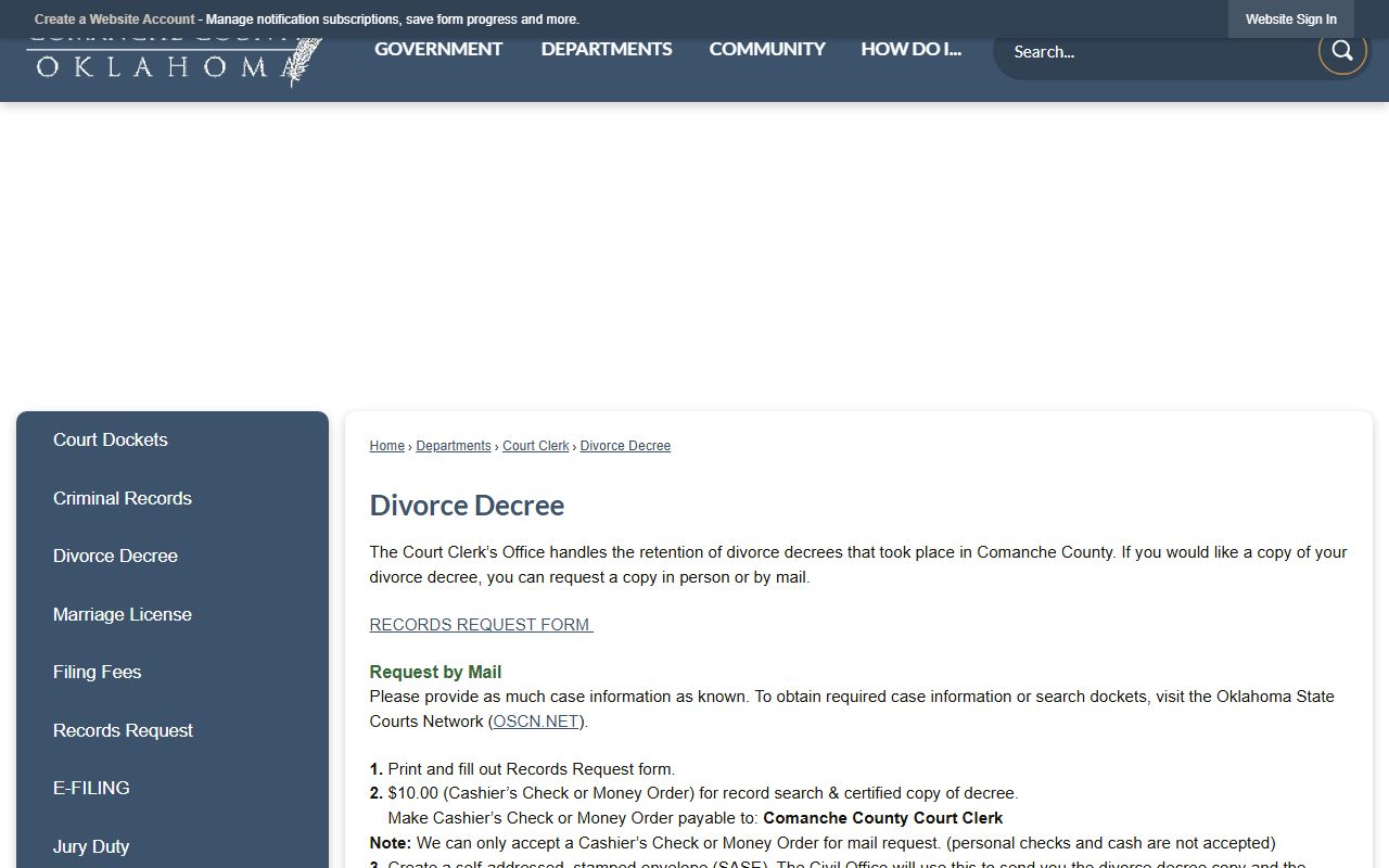 Comanche County divorce records decree request instructions from the Court Clerk Civil Office