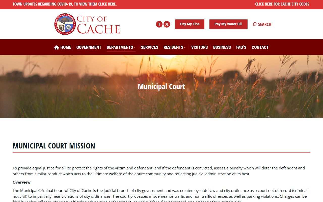 Cache Municipal Court page describing Comanche County failure to appear warrant rules