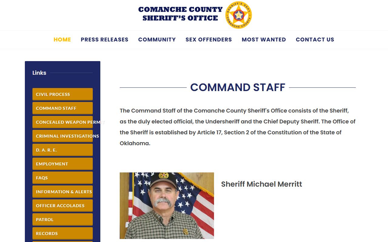 Comanche County Sheriff command staff page tied to warrant records verification
