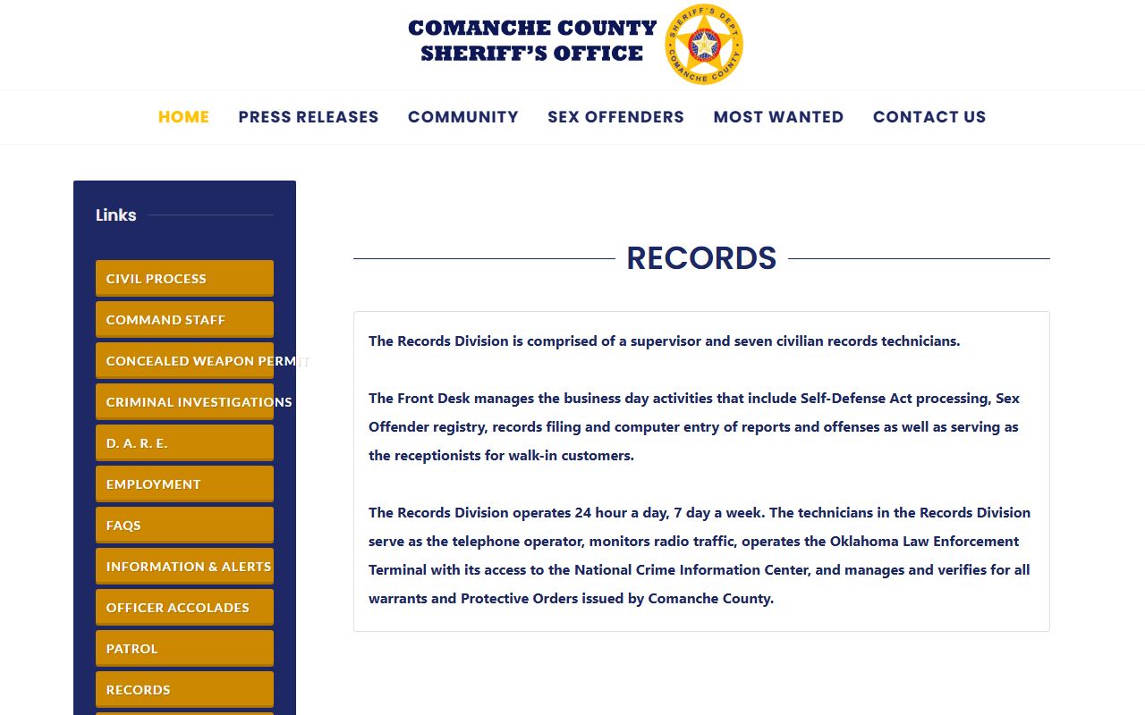 Comanche County Sheriff Records Division page that verifies warrant records