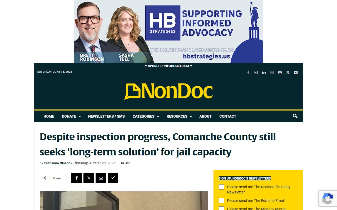 Comanche County jail inspection report relevant to court records and detention